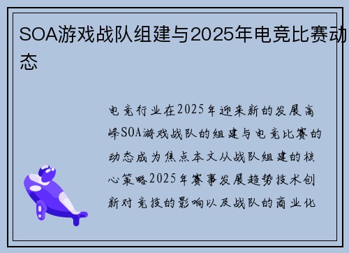 SOA游戏战队组建与2025年电竞比赛动态