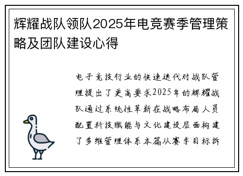 辉耀战队领队2025年电竞赛季管理策略及团队建设心得