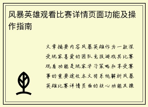 风暴英雄观看比赛详情页面功能及操作指南