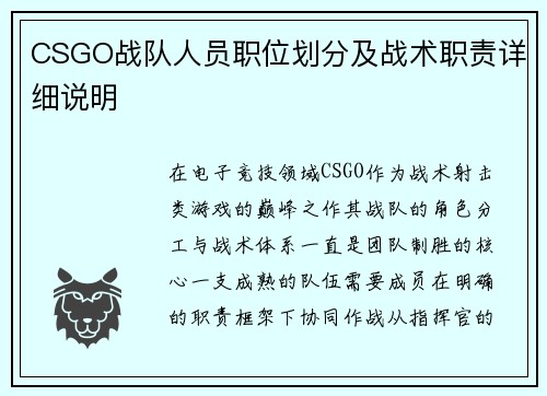CSGO战队人员职位划分及战术职责详细说明